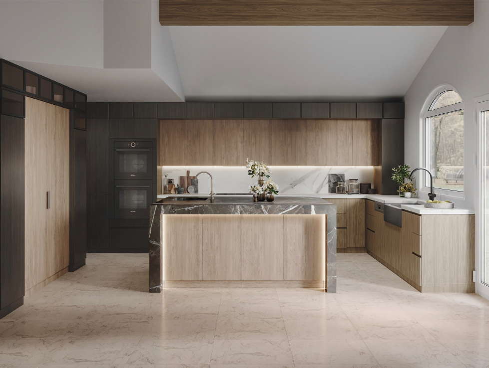Contemporary kitchen with light wood cabinetry, black wall units, marble island, and under-cabinet lighting.